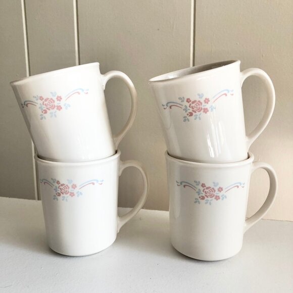 Vintage 80s Corelle English Breakfast Mugs Beige Mauve Set of 4 - Picture 1 of 6